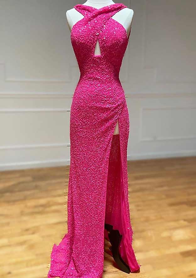 Robe de bal en velours à paillettes, sans manches, dos nu et traîne, avec fente